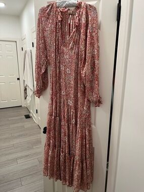 maxi dress ruffle front Liverpool Sleeveless Ruffle Front Woven Maxi Dress L / Pink Multi